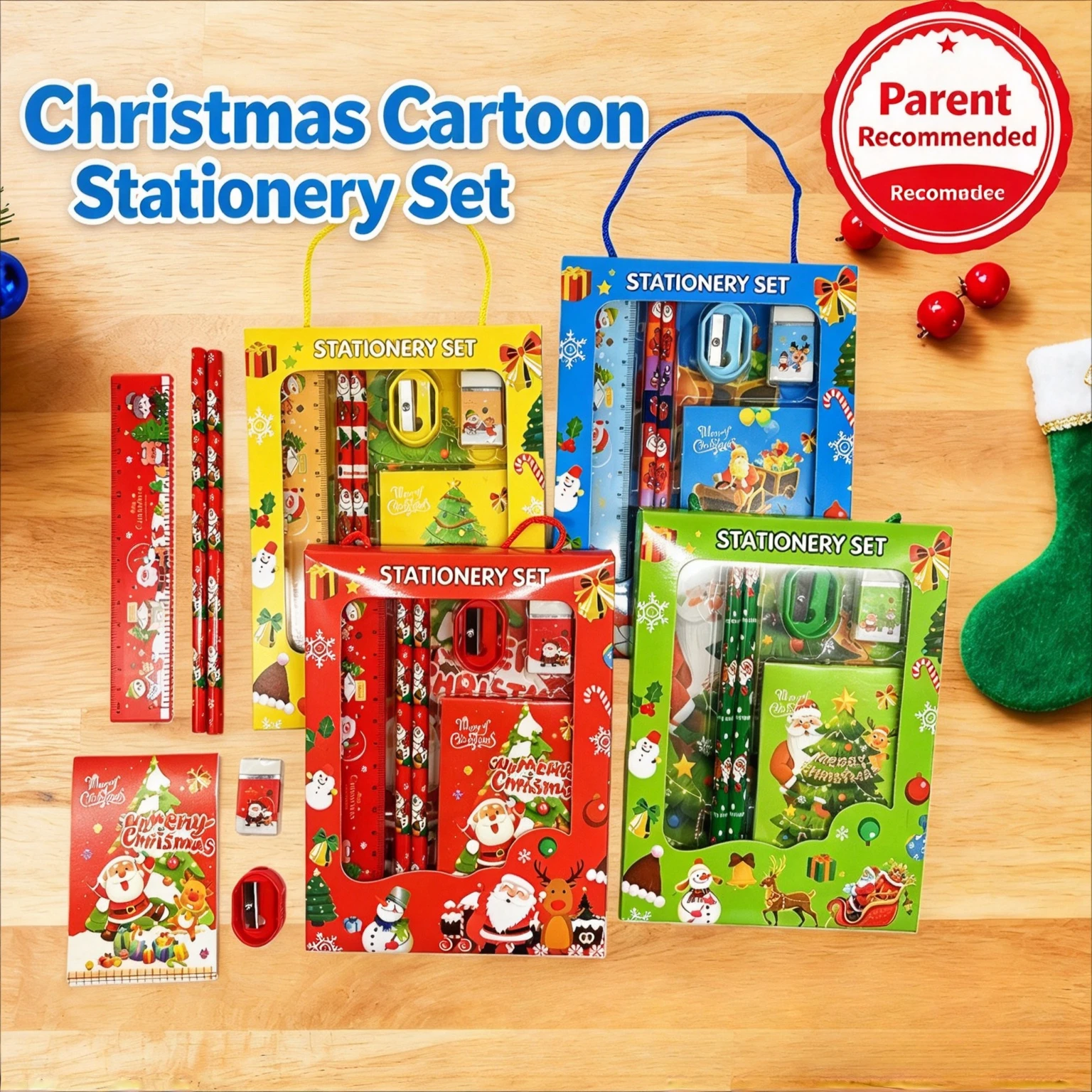 Christmas Stationery Set 6‑Pcs,Xmas Themed Pencils Ruler Eraser Sharpener Notebook Kit, Kids School Supplies,Holiday Party Favor