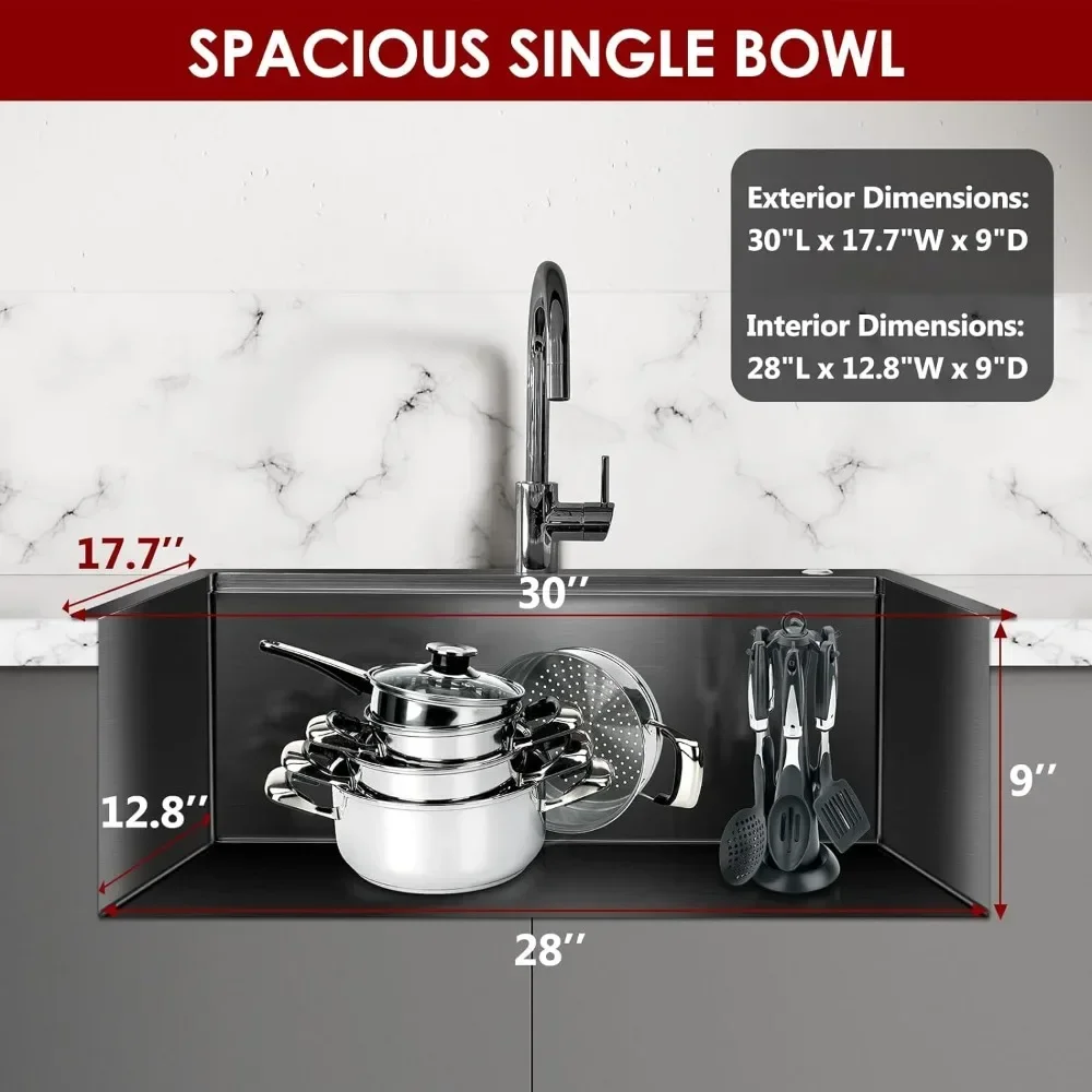 30 Inch Kitchen Sink, 16 Gauge Drop in Single Bowl Workstation Sinks 2-Hole Top Mount with 5 Accessories, Kitchen Sink