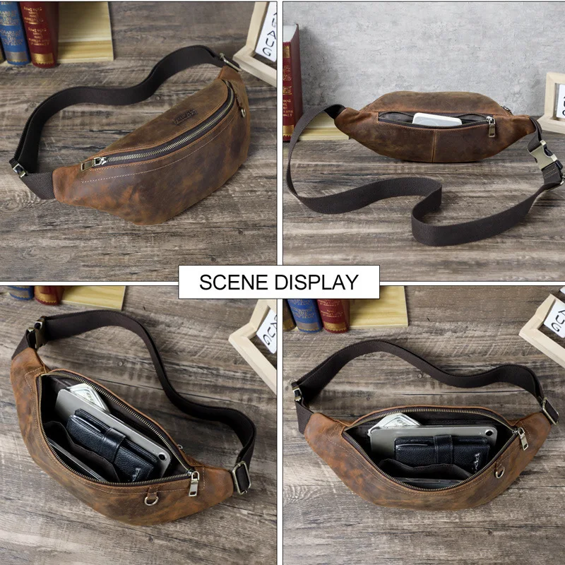 Fashionable British Style Top Layer Cowhide Crazy Horse Leather Casual Trendy Chest Multi Functional Belts Lock Men's Waist Bags
