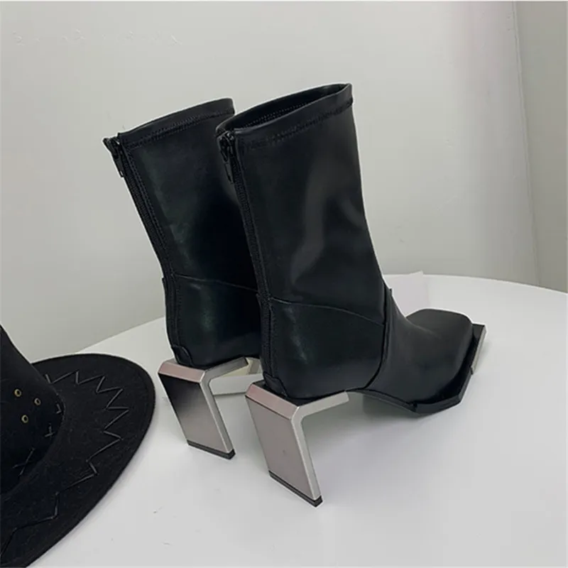 Metalowe botki damskie z dziwnym obcasem z kwadratowym noskiem na wysokim obcasie Botas Mujer damskie jesienne buty typu Slim Fit designerska