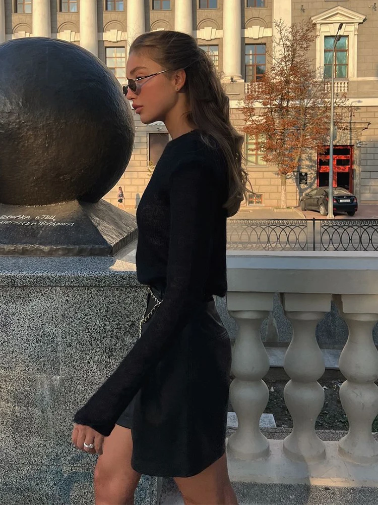 سترة محبوكة رفيعة برقبة دائرية أنيقة وأكمام طويلة بلوفر ضيق موضة خريف 2024 ملابس خارجية جديدة للسيدات للتنقل في الشارع #6