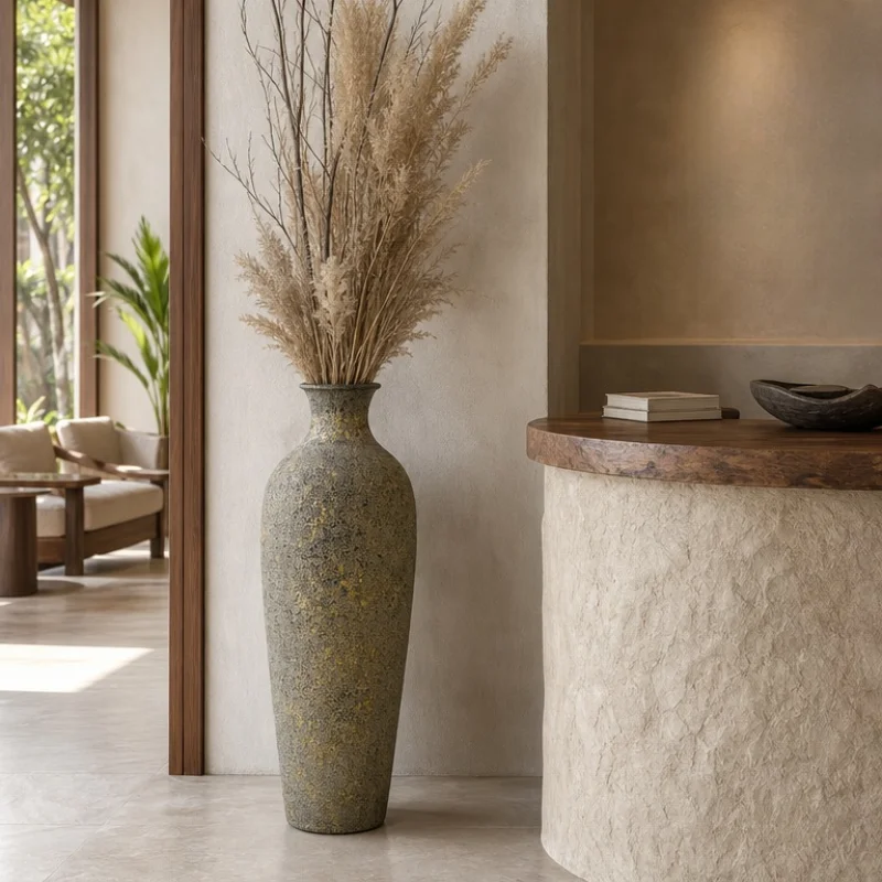 Wabi-Sabi Vase, Luxury Distressed Gold Faux Ceramic Planter, Rustic Metal Tall Flower Vase for Hotel Home Table Decor