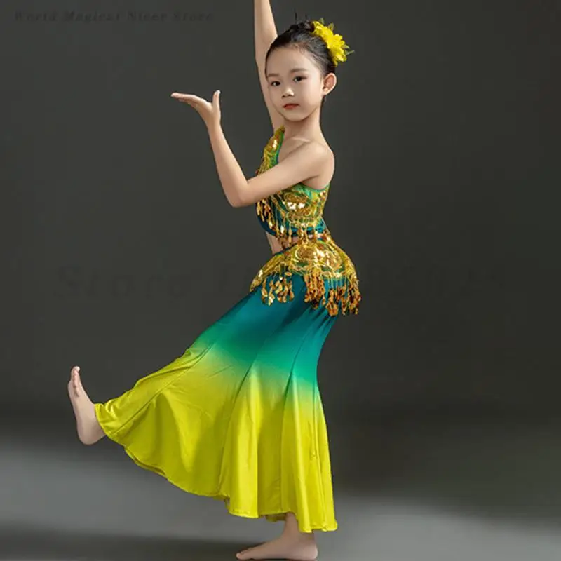 Traje de dança étnica dai infantil, saias de dança de pavão minoritária para meninas, estilo nacional tradicional, roupas de performance