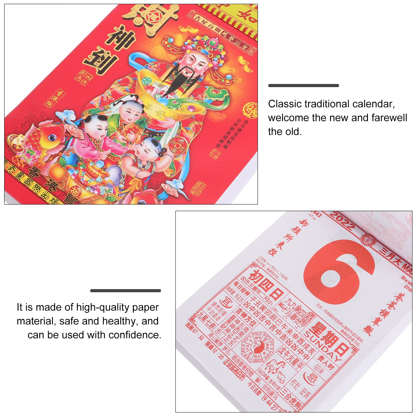 Calendario tradizionale cinese da 1 pezzo 2022 Anno della tigre Calendario giornaliero da appendere alla parete Date lunari Guida per il buon giorno