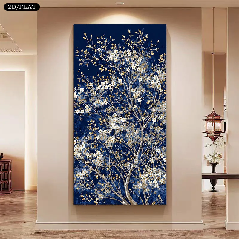 

2D Flat Modern Golden Blossoms on Midnight Canvas Wall Art, Frameless Abstract White Flowers Canvas Prints for Living Room Decor