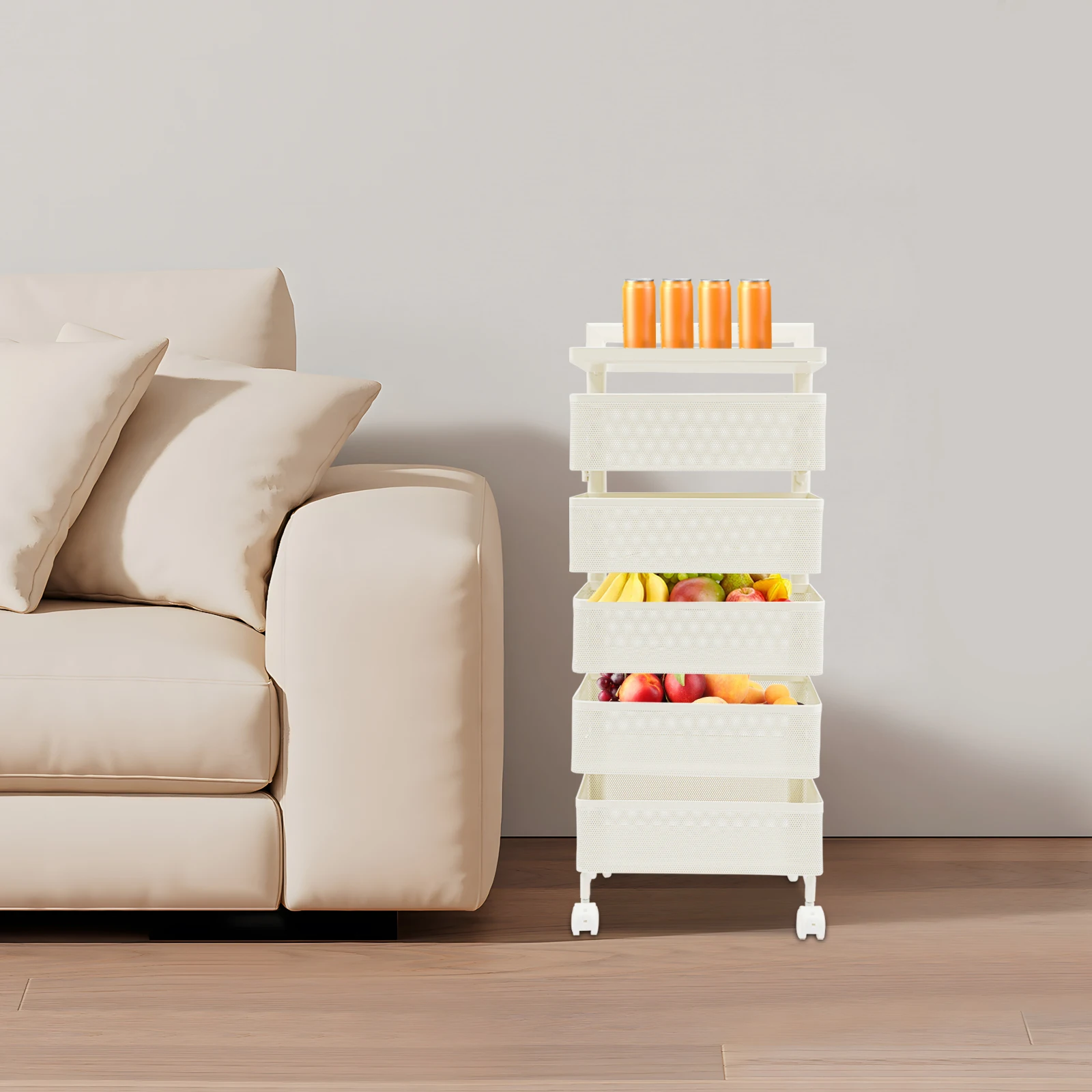 White Carbon Steel 13.78x10.31x34.45 Inch Five-story Revolving Kitchen Rack Storage Basket Multifunctional Storage Storage Rack