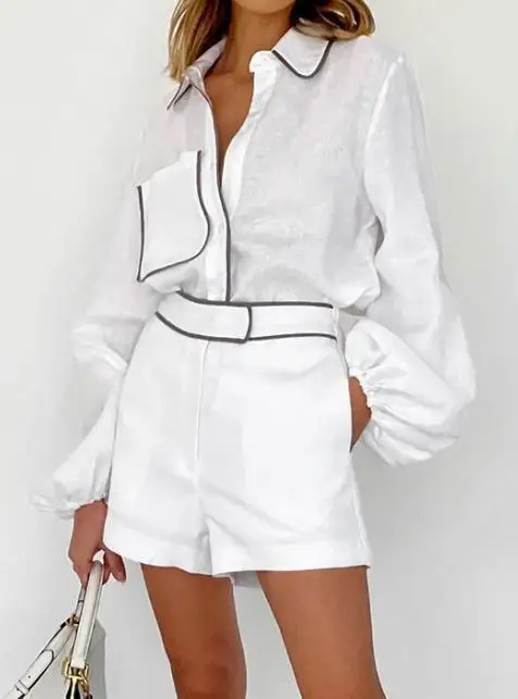 

Sets for Women 2 Pieces 2024 Summer Casual Polo Collar Black and White Contrast Lantern Sleeve Shirt and Pocket Shorts Sets