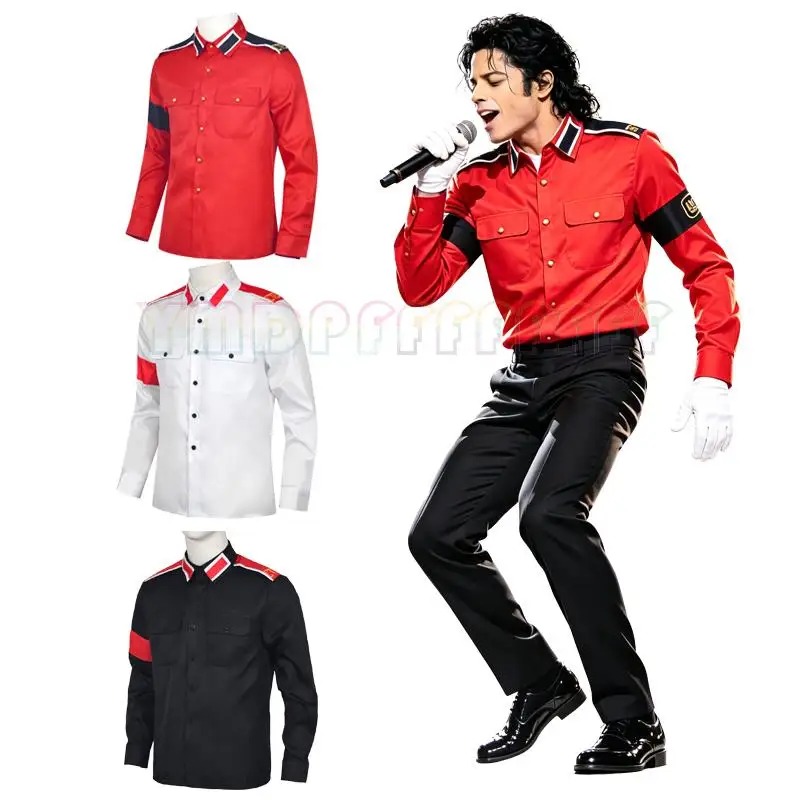 Camisa Militar Antiguerra de Michael Jackson, Estilo Retro para Hombre, con Botones, en Rojo, Blanco y Negro, Icono de la Música Pop, Disfraz de Estrella