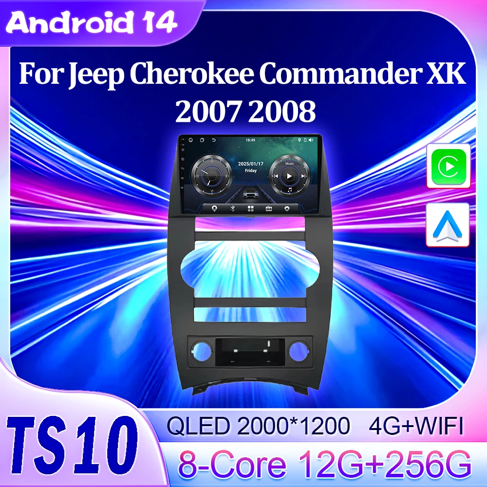 

2 Din Android 14 Autoraido для Jeep Cherokee Commander XK 2007 2008, автомобильный радиоприемник, мультимедийный плеер, стерео Carplay, навигация, GPS BT