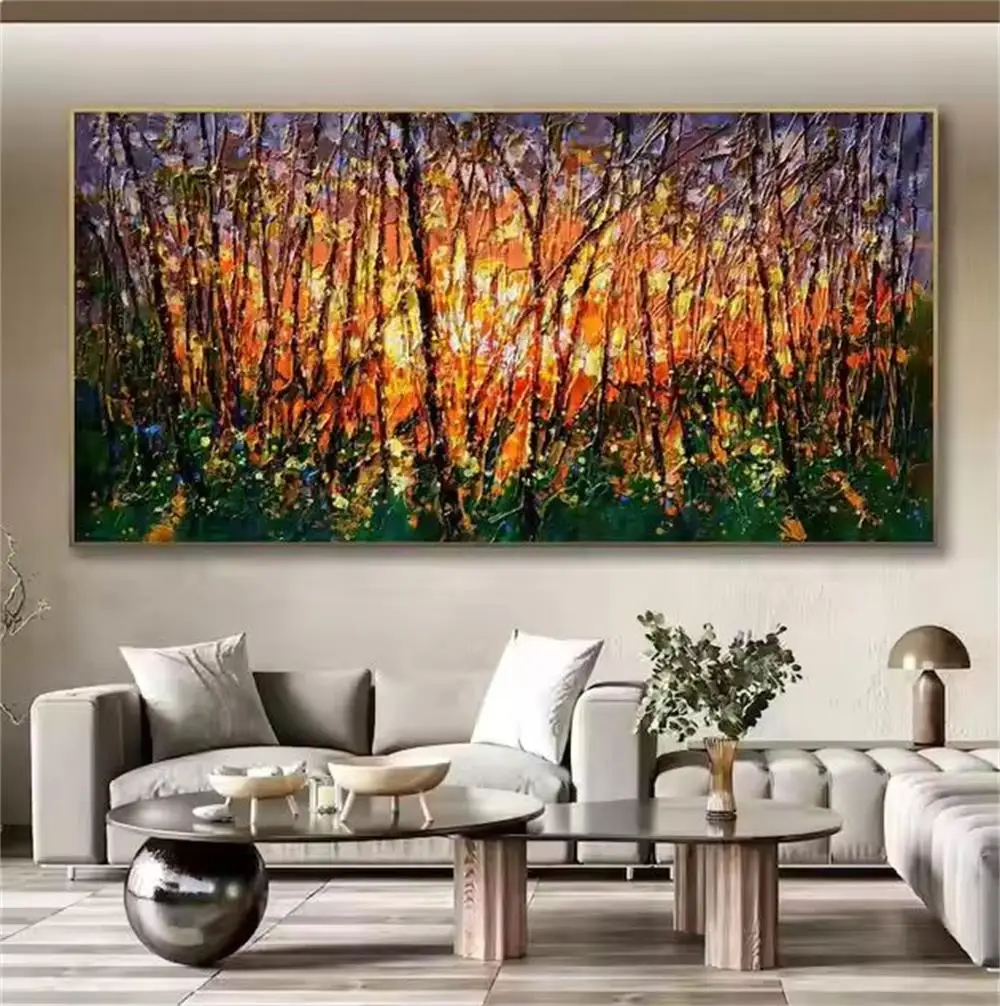 Customize Textured Handmade Red Green Yellow Grey Abstract Tree Forest Canvas Oil Painting for Home Living Room Wall Art Decor