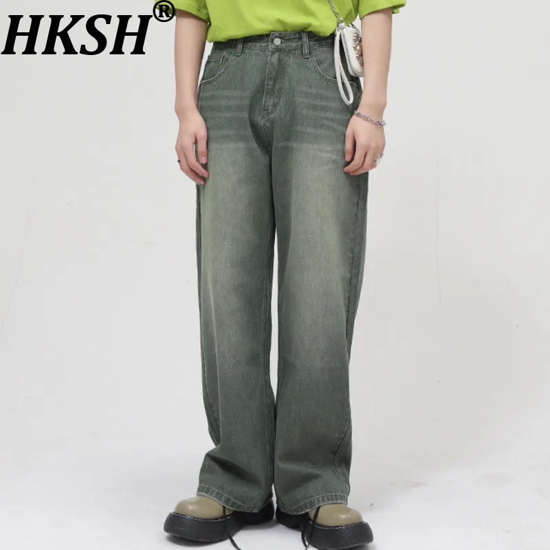 

HKSH Spring New Men's Tide Korean Style Loose Personality Washed Denim Pants Mid-Waist Chic Frayed Hem Jeans Vintage Ins HK21951