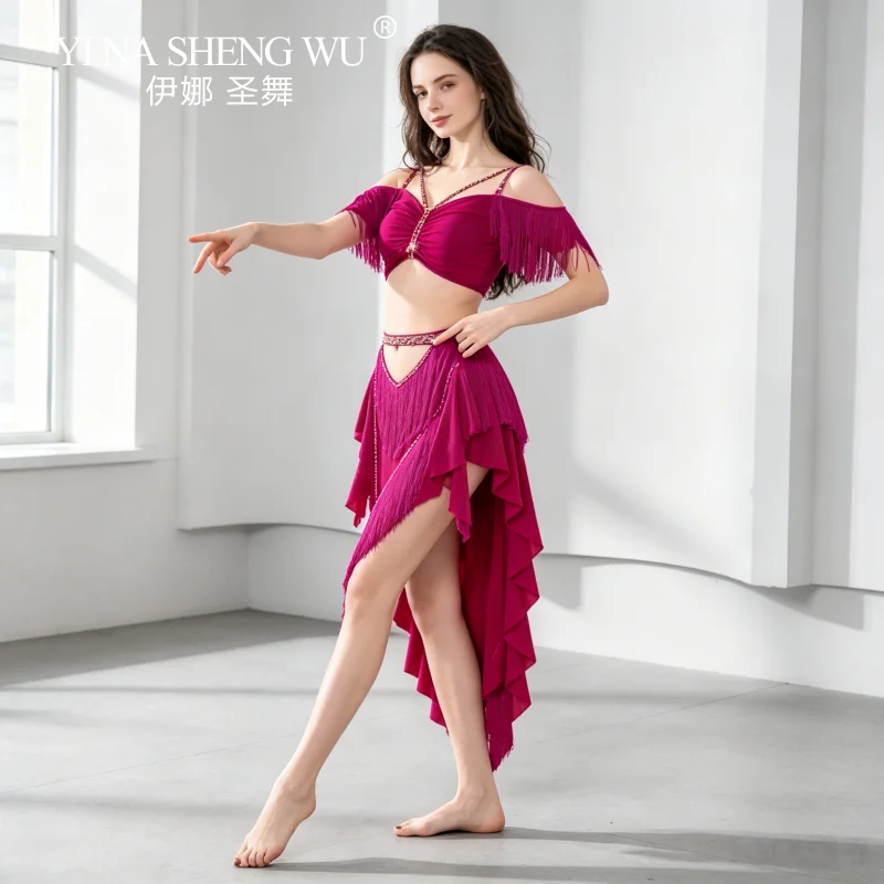Charming 2pcs Women Belly Dance Costume Fringe Tassel Oriental Short Skirt Lesson Wear Solo Drum Egypt Show Clothes Stage Outfit