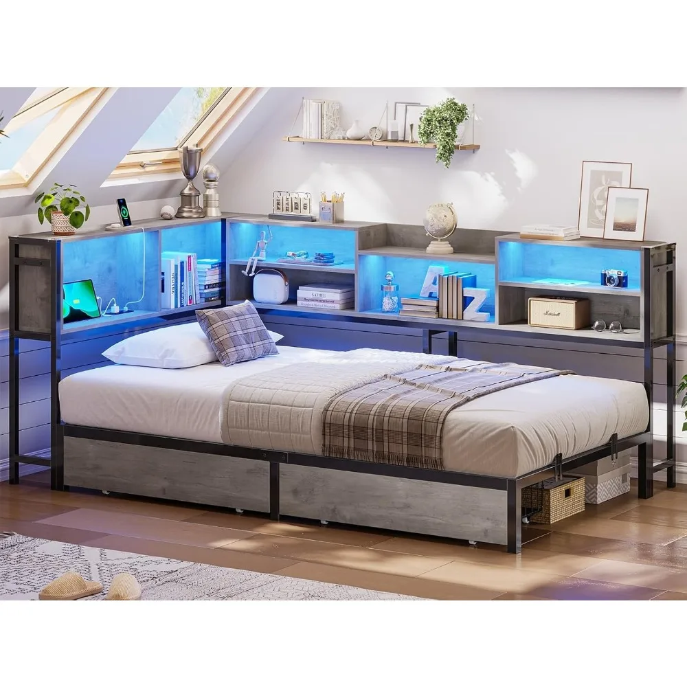 Tempat Tidur Sudut Twin XL dengan Rak Buku Penyimpanan, Tempat Tidur Siang Ukuran Twin XL dengan 2 Laci Penyimpanan di Bawah, Unit Tempat Tidur Anak