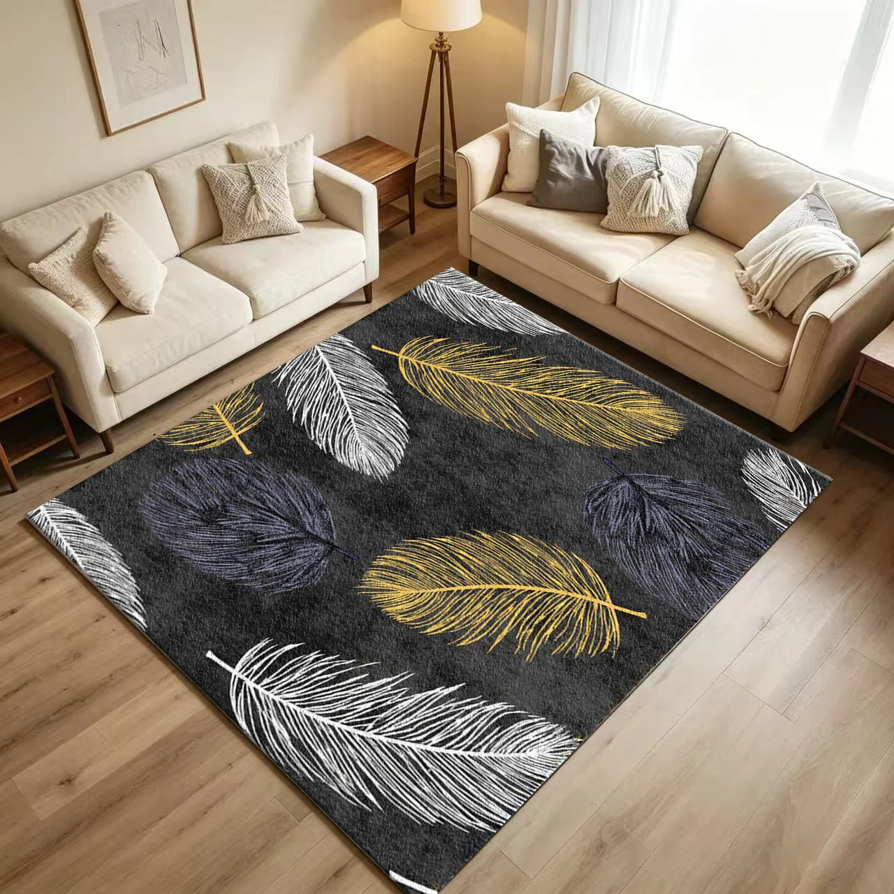 Vintage Gold White Black Feather Art Carpet Flooring Retro Grunge Plume Illustration Printed Floor Rug for Household Indoor Home Ornament