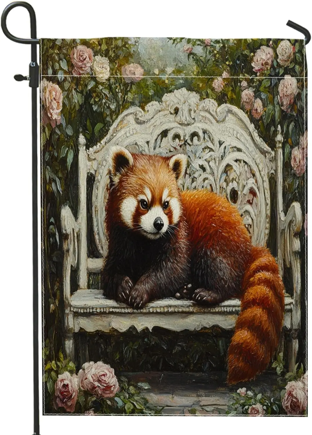 Spring Red Pandas Garden Flags 12x18 Inch for Outside, Romantic Floral Bench Pattern Standard Linen House Flags, Animal Fron AAS