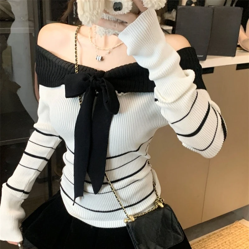 

Contrast Color Striped Bandage Bow Slash Neck Sweater Women Autumn Sweet Slim Fit Long Sleeve Short Knitted Pullover