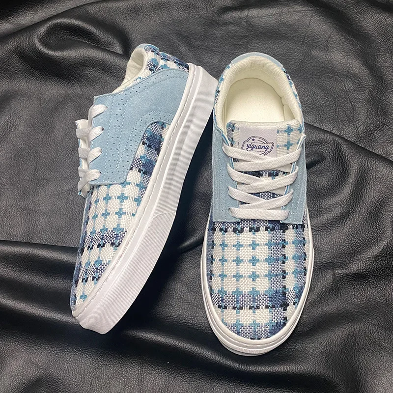 Genuine Leather Casual Men's Trainers Breathable Color Matching Fashion Trendy Shoes Sports Sneakers Korean Style Blue Plaid