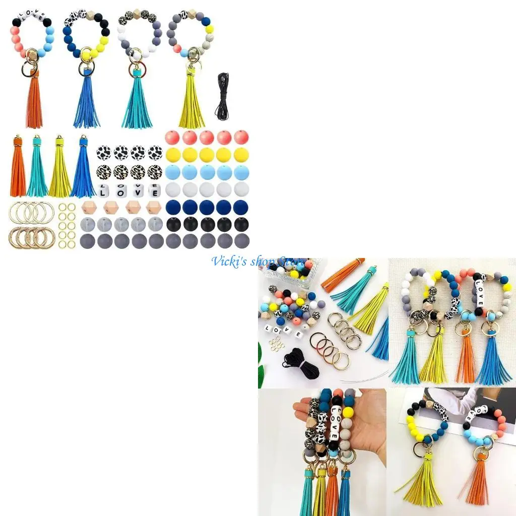 

Beaded Making for Bracelet Car Wristlet Keychain Contains 15mm Round Letter Beaded Leather Tassel Elastic for Key Ri
