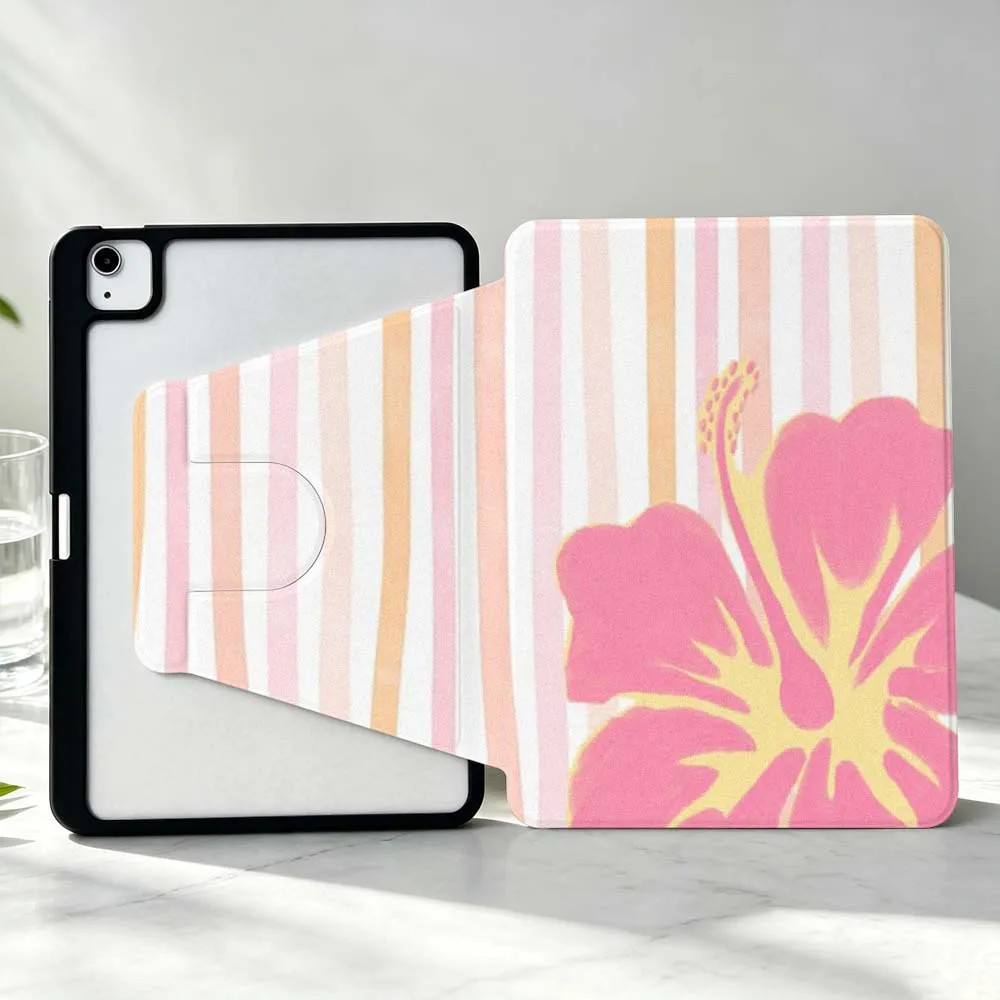 Simple Stripes Flowers Soft For iPad Pro Air mini 6 5 4 12th M5 M4 M3 M2 A16 A17Pro 360° Rotation Stylus Storage Tablet Case