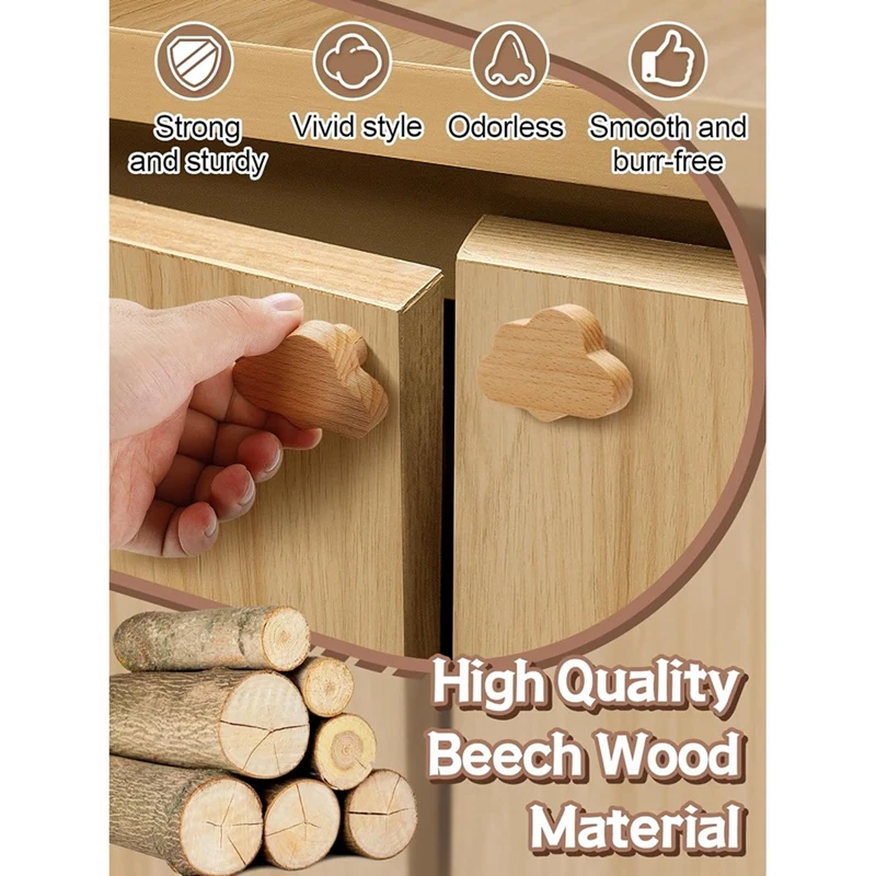Boho Dresser Knobs- 12 Pack Durable Beech Wood Drawer Knobs Cloud-Shaped Wooden Dresser Pulls For Cabinets, Furniture
