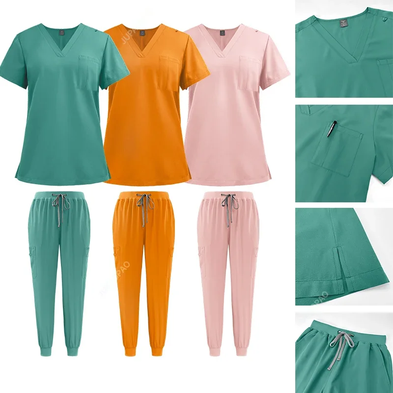 Quick Drying Jogger Suits Doctor Nursing Uniforms Short Sleeve  Tops Pocket Pants Nurse Scrubs Set Medical Clinical Clothes