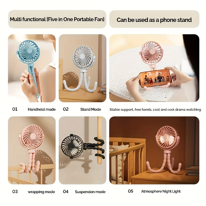 Tragbarer, flexibler Stativventilator, USB-wiederaufladbarer Mini-Oktopus-Ventilator, extrem leise, für Kinderwagen, Autositz, Reisen, tragbarer Ventilator mit 3 Geschwindigkeitsstufen – Detail 5