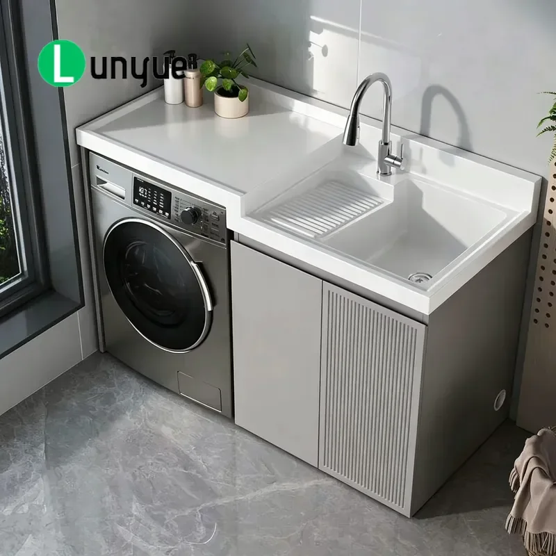 Modern PVC Laundry Cabinet with Ceramic Basin Integrated Sink Eco Friendly Easy Clean Durable Floor to Ceiling Design