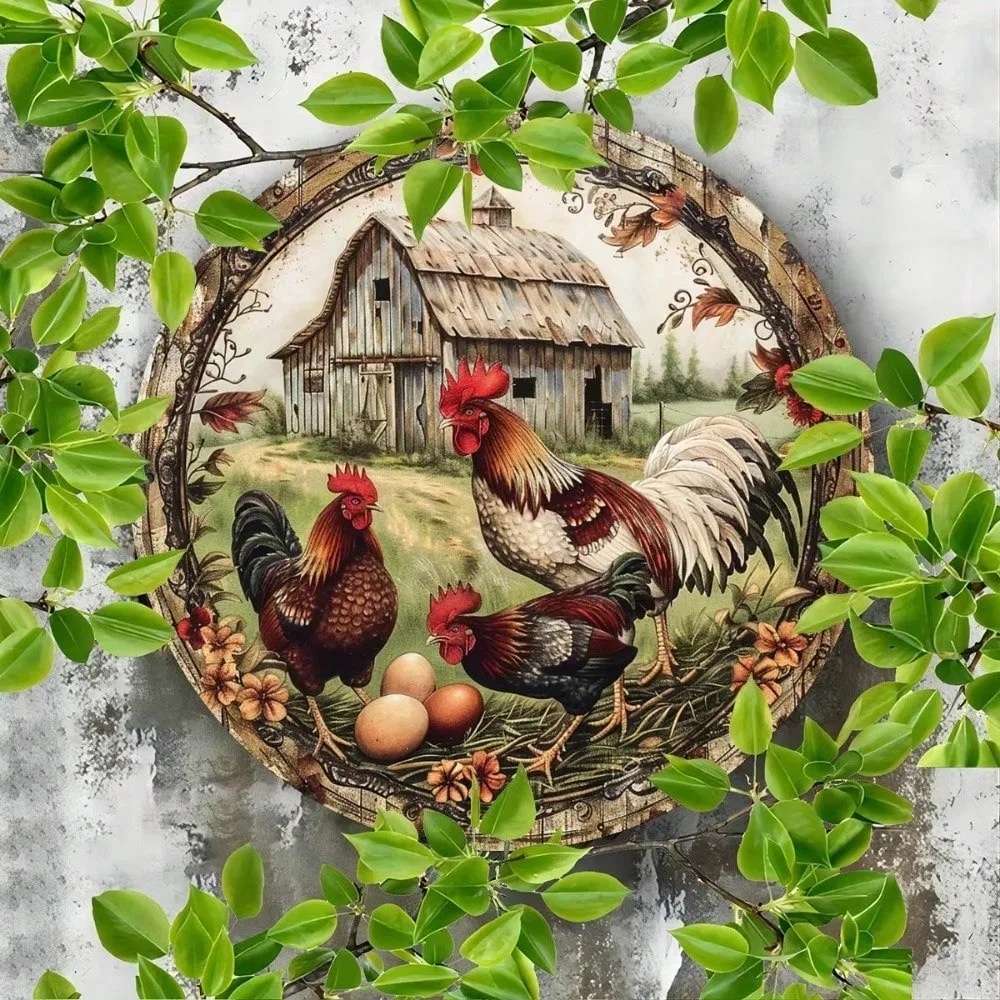 Vintage Bauernhaus-Huhn-Dekor – 20,3 x 20,3 cm Weißblech! Rustikales Retro-Metallschild mit Eiern und Blumen |   Lokale Lieferung
