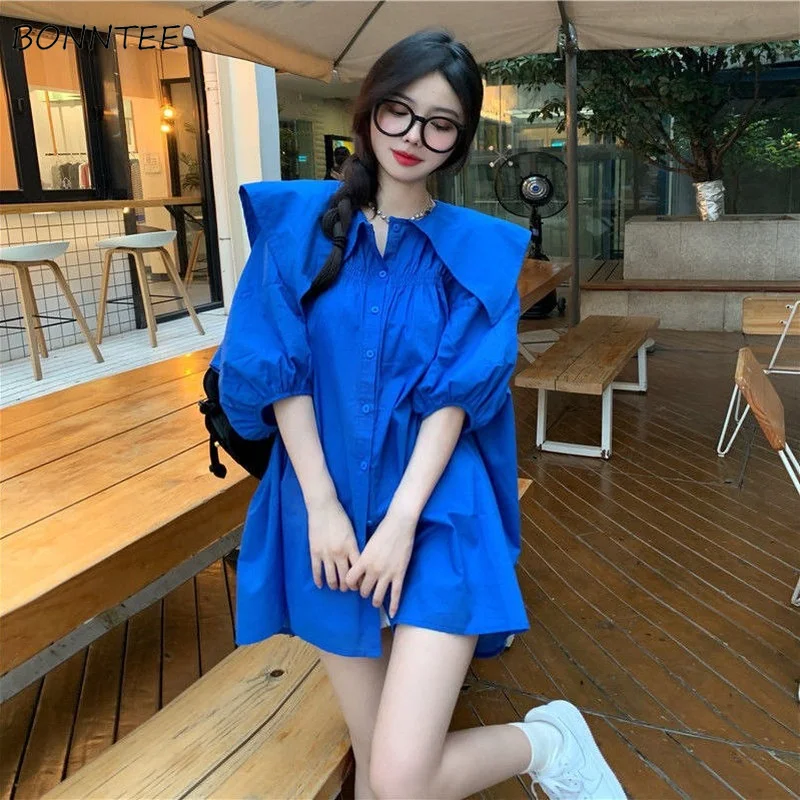 

Peter Pan Collar Shirts Women Summer Loose Mid-length Kawaii Puff Sleeve Fashion Folds Preppy Girls Leisure Design Vintage Tops