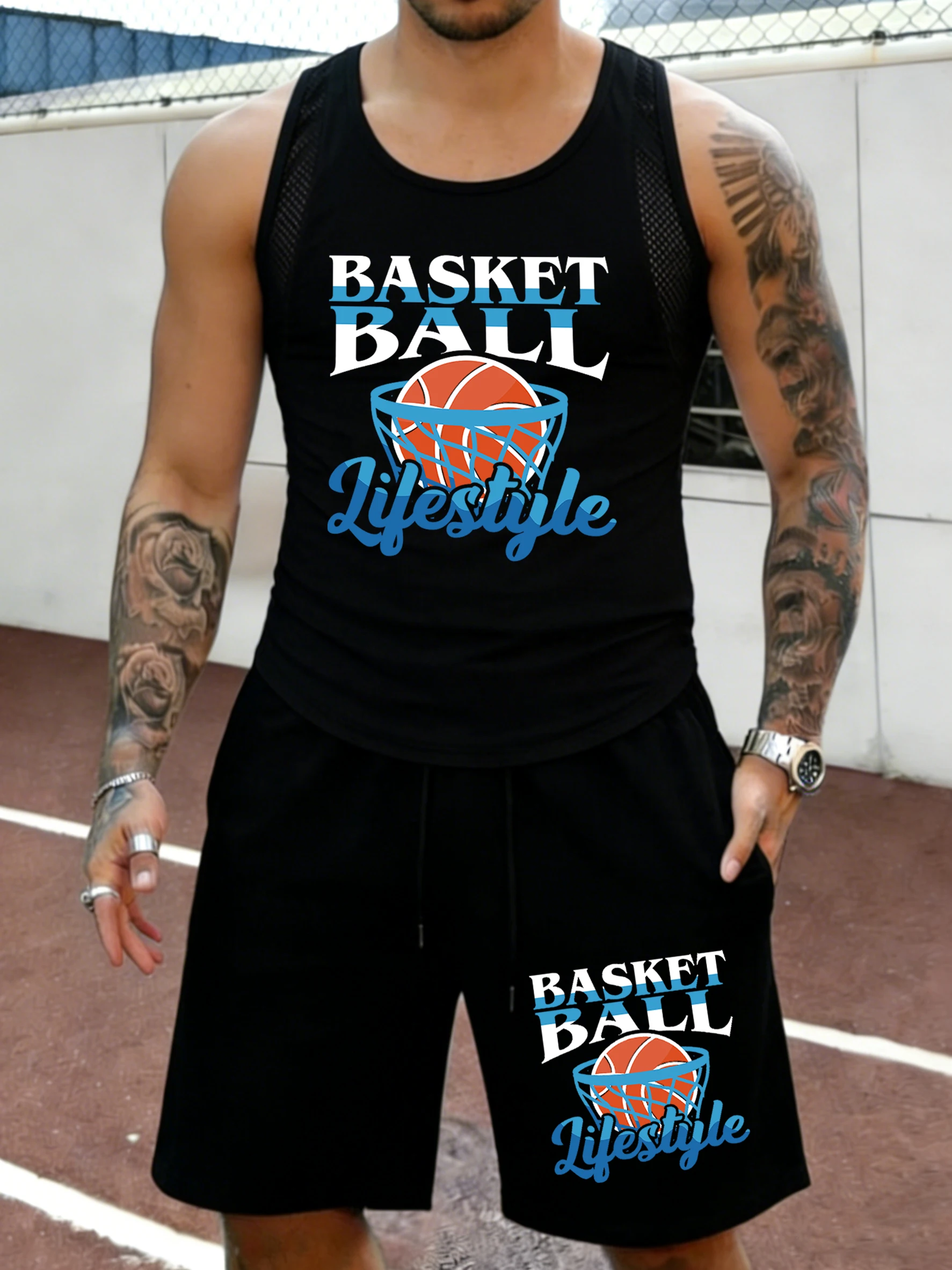 

Basketball Lifestyle Design Man Summer Mesh Fitness Vest Set Hip Hop Short Pants Classic Pocket Shorts Quick Dry Run Sportswear