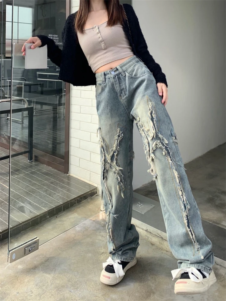 

Женские потертые джинсы с заусенцами, потертые джинсы, крутые повседневные штаны для девочек, женские брюки с высокой талией, широкие синие джинсовые брюки