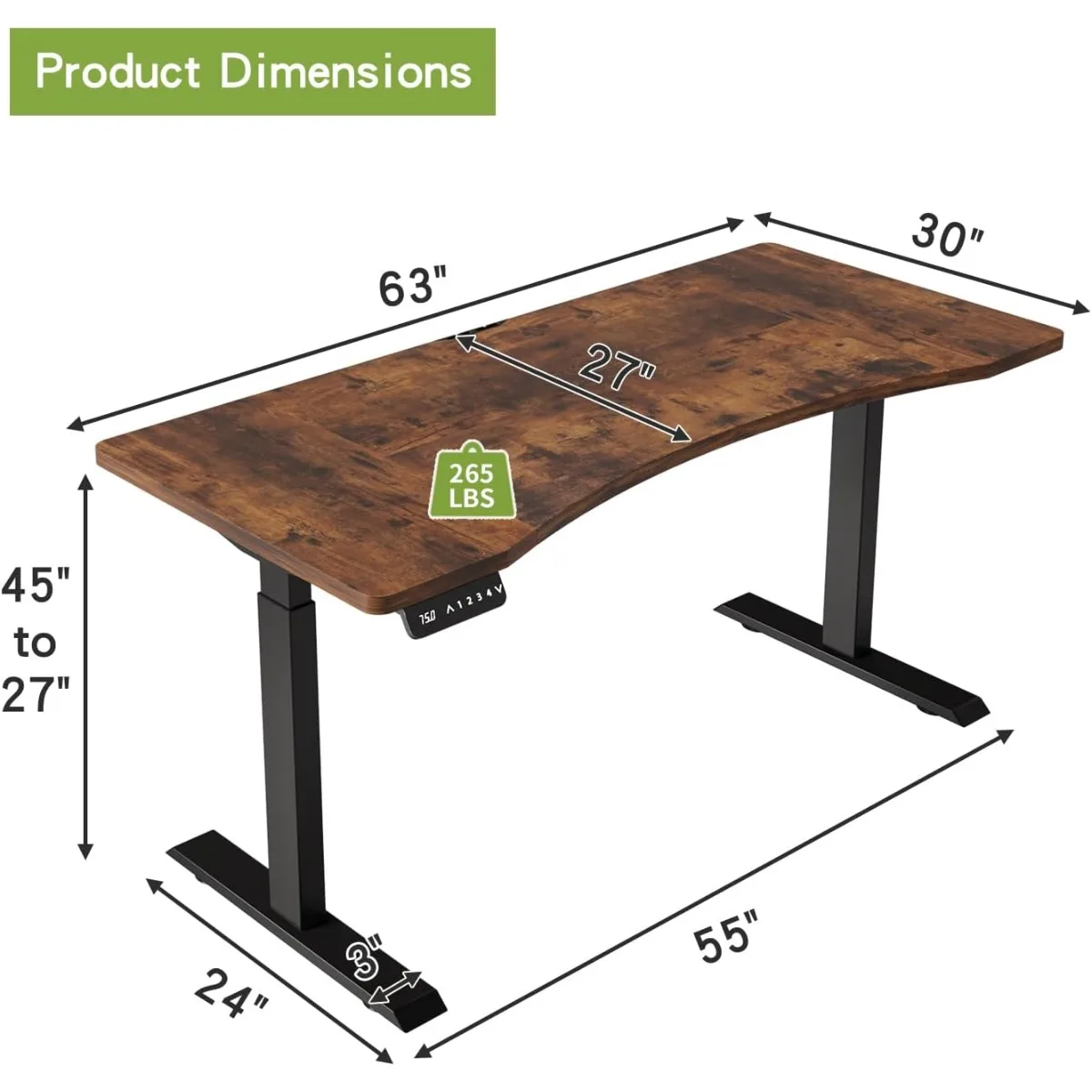 Dual Motors Height Adjustable 63 x 30 Electric Standing Desk with Curved Design Stand Up Table 4 Memory Keys, Computer Desk