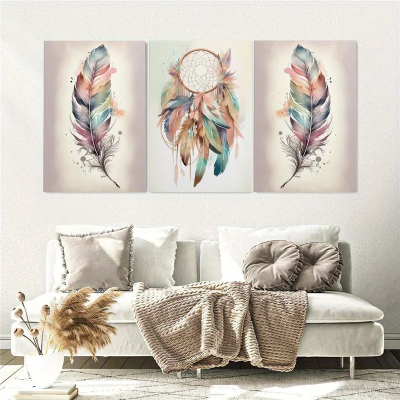 2d Flat Paintings 3pcs  Abstract Feather Boho Dreamcatcher Wooden  Painting, Watercolor Gallery Wall Art, Living Room Decorat