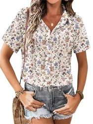 Casual New Women's Hawaii Shirt Lapel Button Fashion Printed Short Sleeve Flower Shirt Vintage Summer Holiday Beach Button Shirt