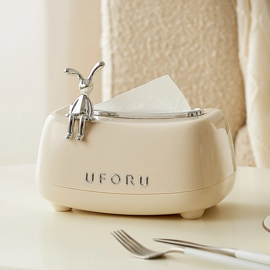 Creative Paper Towel Dispenser With Springs for Bedroom, Creamy Style Rabbit Decorative Desktop Tissue Box for Bathroom