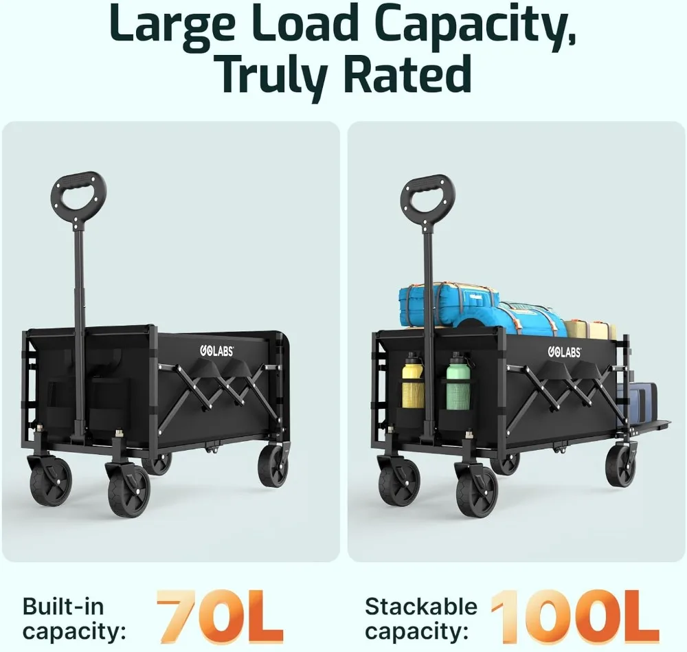 Carro plegable con carga de 350 lb, almacenamiento expandible de 100 L, plegable resistente para jardín y camping