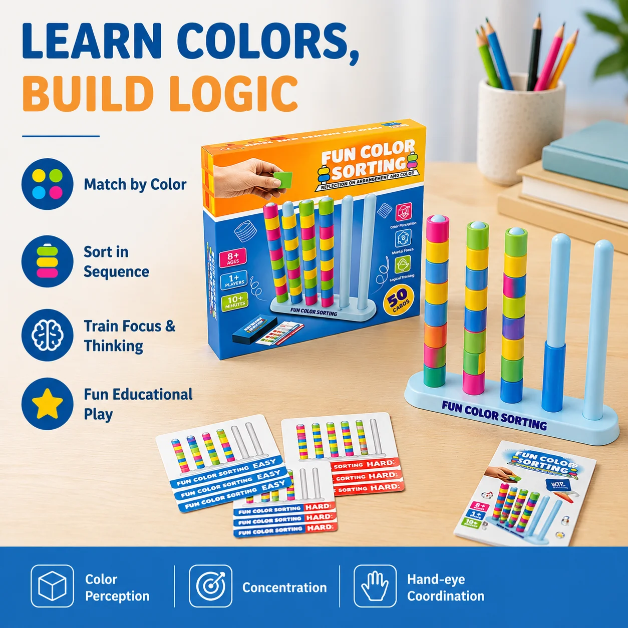 Logic Sequence Training Toy, Color Matching Game, Montessori Early Learning Tool, 50 Challenge Cards