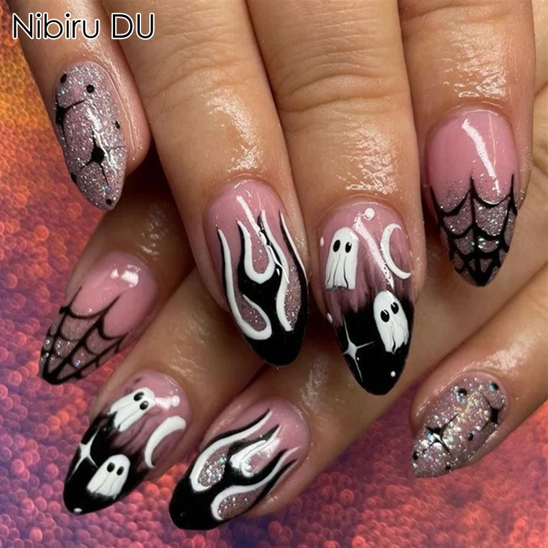 24Pcs Almond Halloween Press on Nails Full Cover French Fake Nails Cartoon Bat Spider Pattern Wearable Nails Art  Manicure Tips