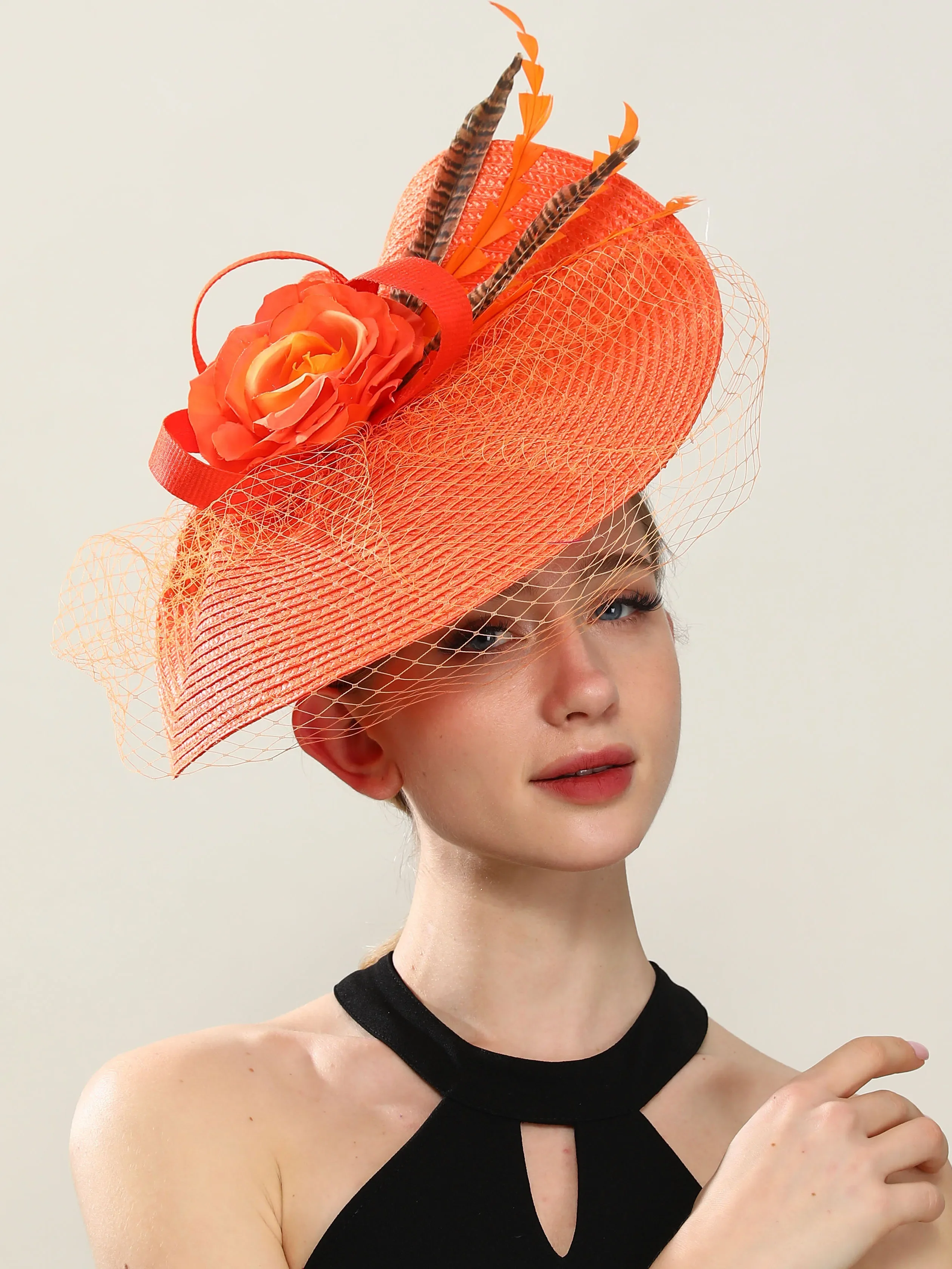 Orange Veils Fascinator Women Elegant Wedding Hat Bride Wedding Flower Chapeau Cap With Hair Clip Ladies Party Event Headpiece