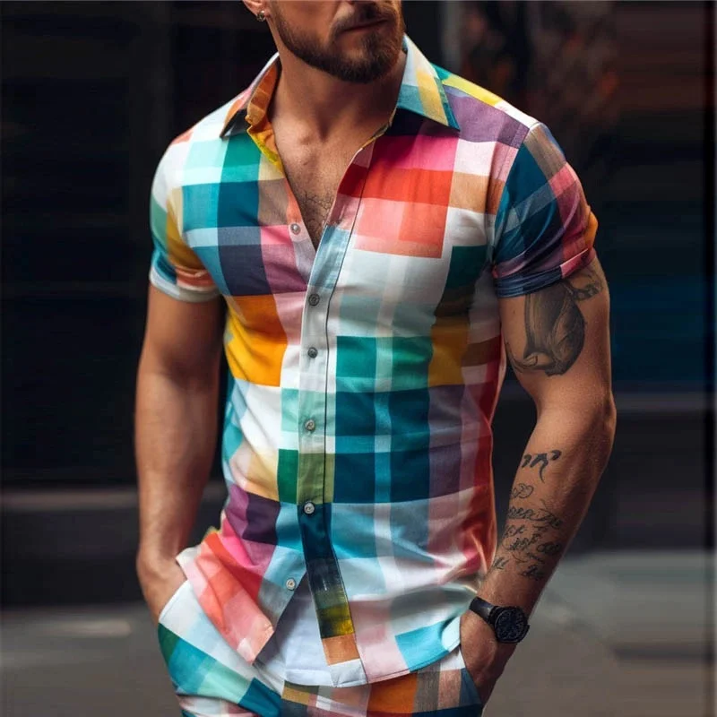 

Гавайская рубашка с цветным узором для мужчин, красочная полоска, с короткими рукавами и 3D принтом, летние свободные рубашки Aloha, блузка с лацканами, топы