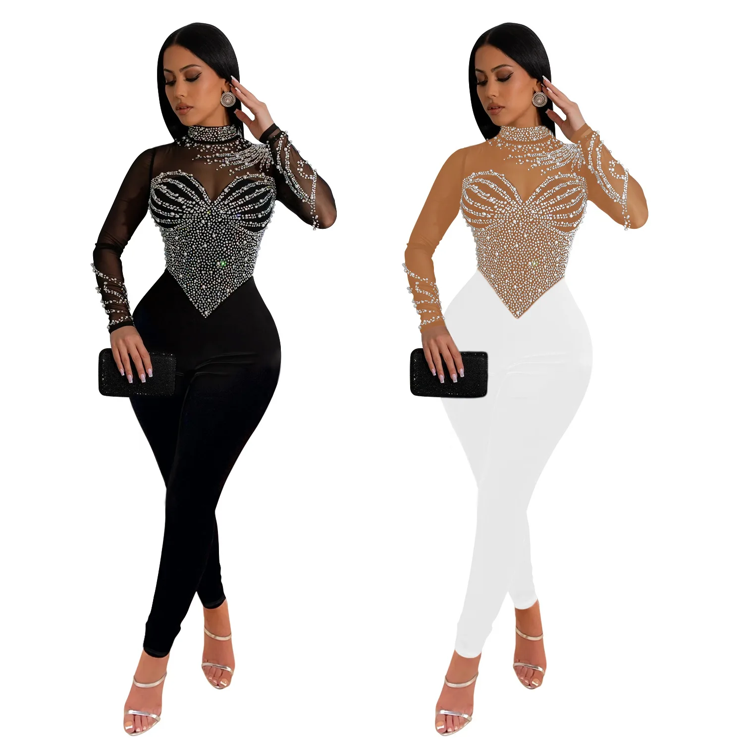 EINY Traf Luxury Long Sleeve Mesh Patchwork Rhinestone Skinny Jumpsuits Women Sexy Night Club Rompers Birthday One Piece Oufits