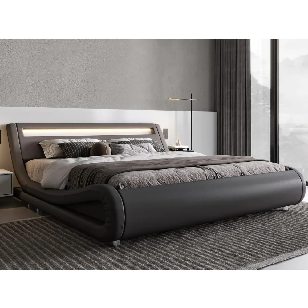 Full Size LED Platform Bed Frame with Adjustable Headboard/No Box Spring Need/Easy Assembly/Faux Leather in Grey