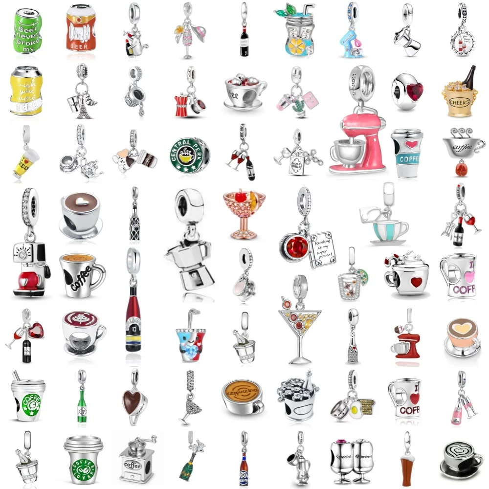 Novo 925 prata fina xícara de café pingente caber pulseira original diy jóias feminino garrafa de vidro vinho bebida charme coração vermelho clipe grânulo