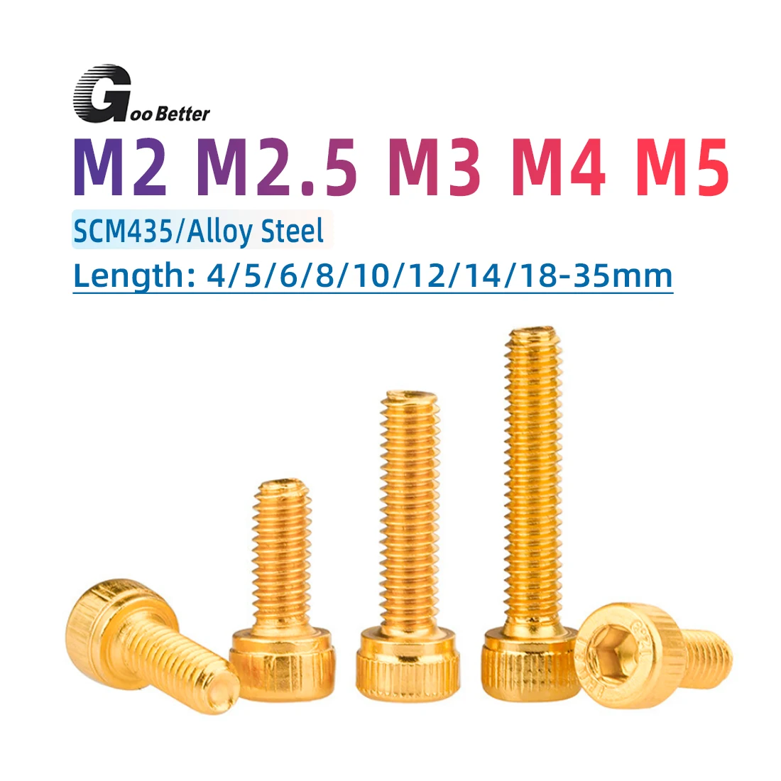 

10pcs M2 M2.5 M3 M4 M5 Hex Socket Cap Cup Head Screw Titanium Gold Plated Allen Bolts 12.9 Grade Length 4-35mm