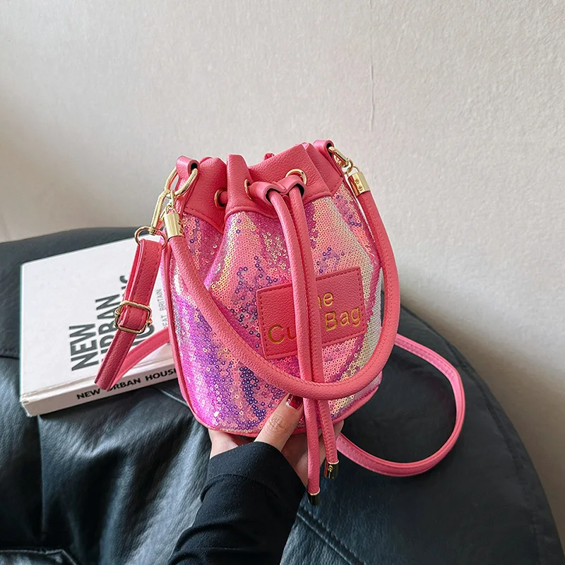 Fashion Bucket Bags for Women 2024 Trend Sequin Personality Luxury Handbag Leather Letter String Crossbody Shoulder Bag Ladies