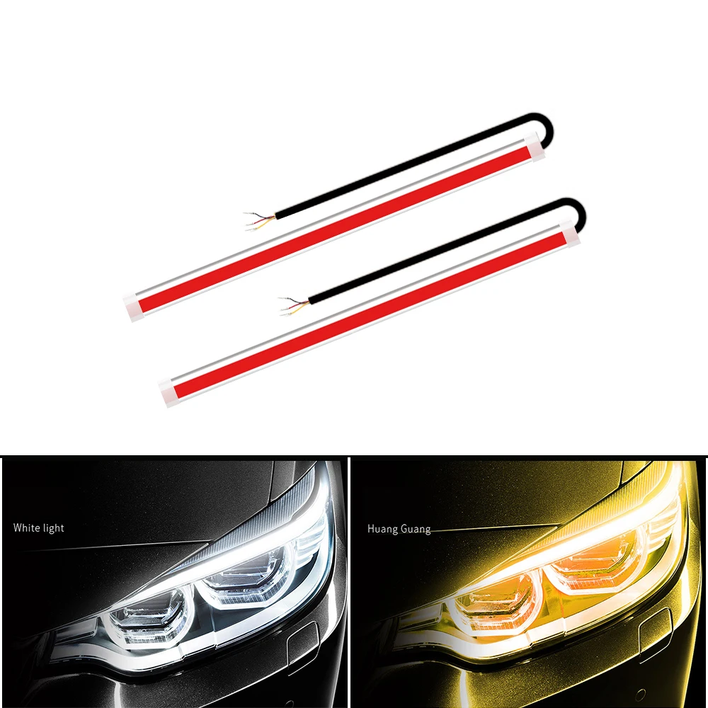 2Pcs New Highlight DRL LED Strip Turn Signal Light Sequential Yellow Bright Flexible Daytime Running Light 12V Car Headlight