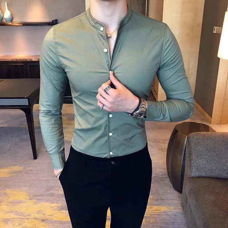 

Men Slim Fit Shirt 2025 Autumn Cotton Solid Stand Collar Casual Business Long-sleeved Shirts Male Fashion Camisas Men Clothing