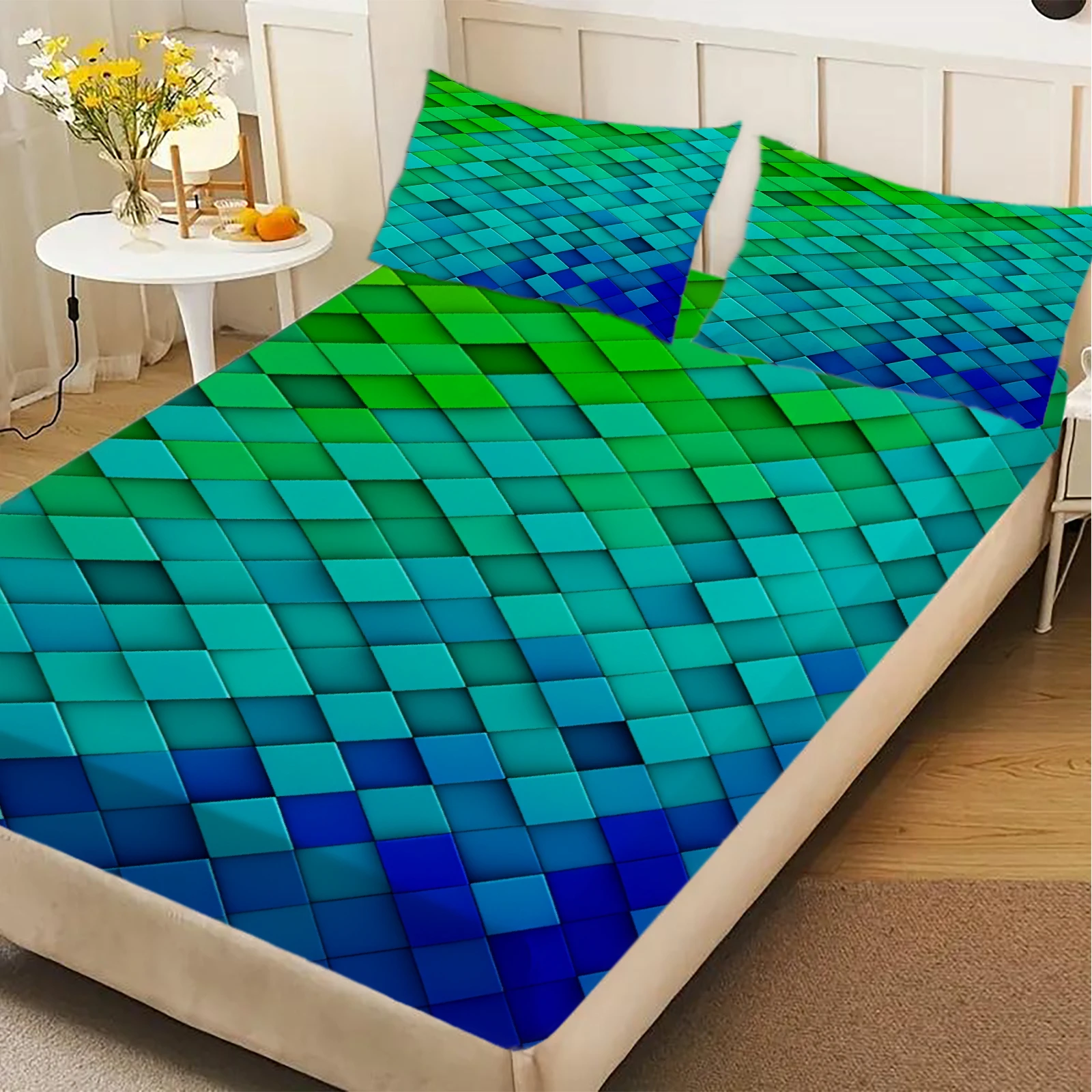Green Blue Gradient Rhombus Fitted Sheet Set 3D Stereoscopic Geometric Bedding Set Soft Breathable For Bedroom Decor