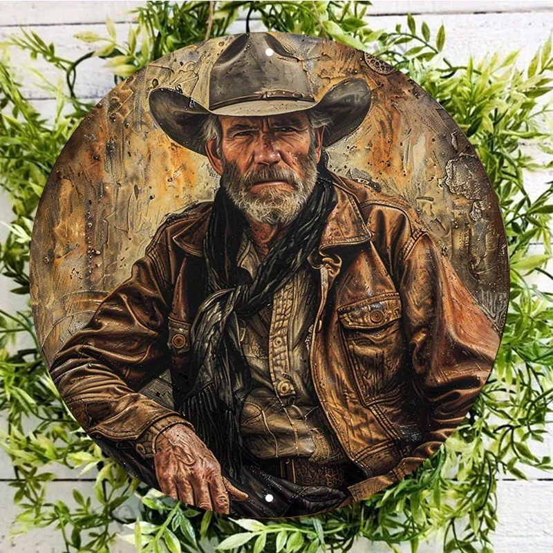 Western Cowboy Themed Aluminum Metal Sign, Round Diameter, Waterproof, UV Resistant, Easy Hanging, Rustic Circular Wall Decor