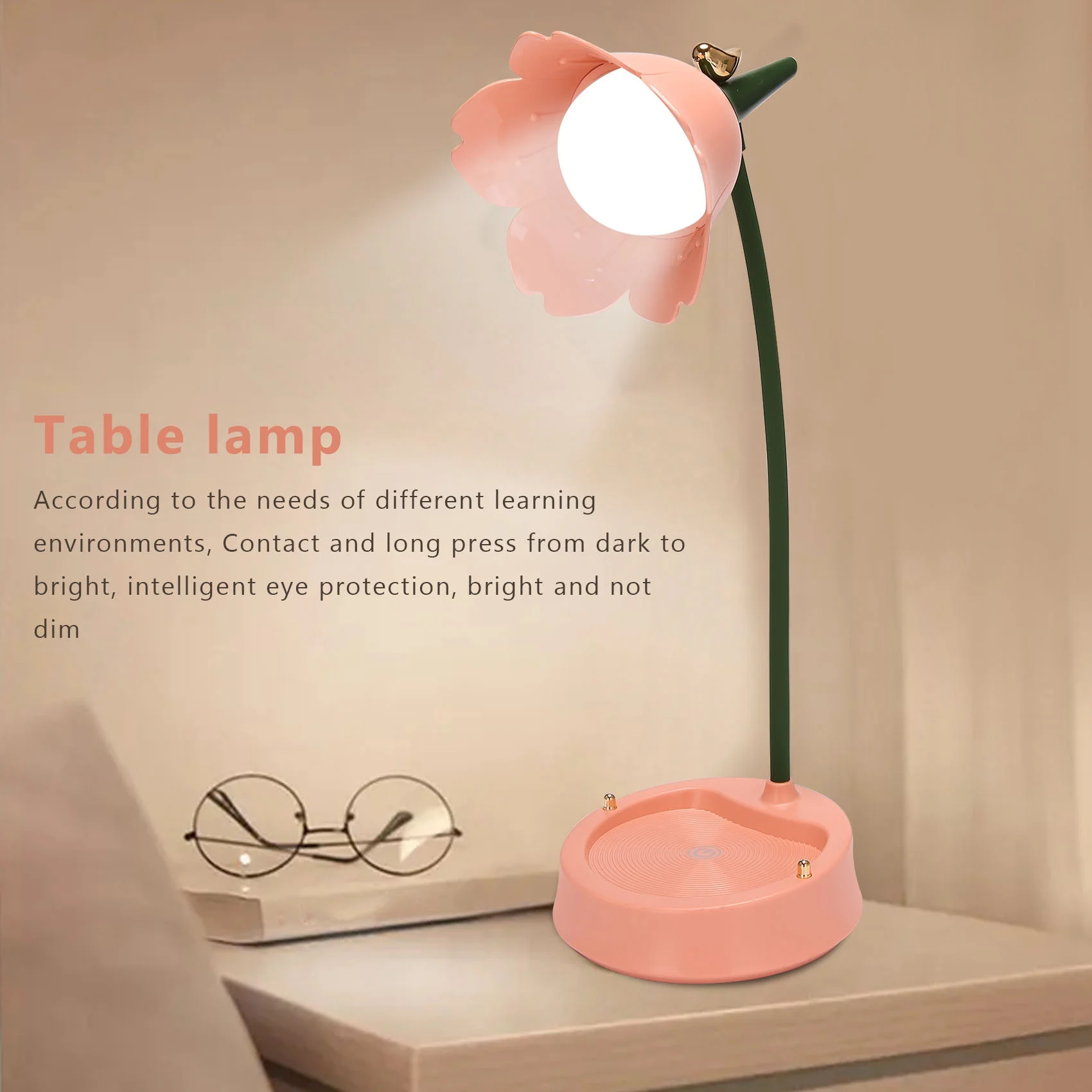 Flower LED Desk Lamp Student Bedroom Lighting Contact Reading Eye Protection USB Flower Lampshade Table Light, Pink